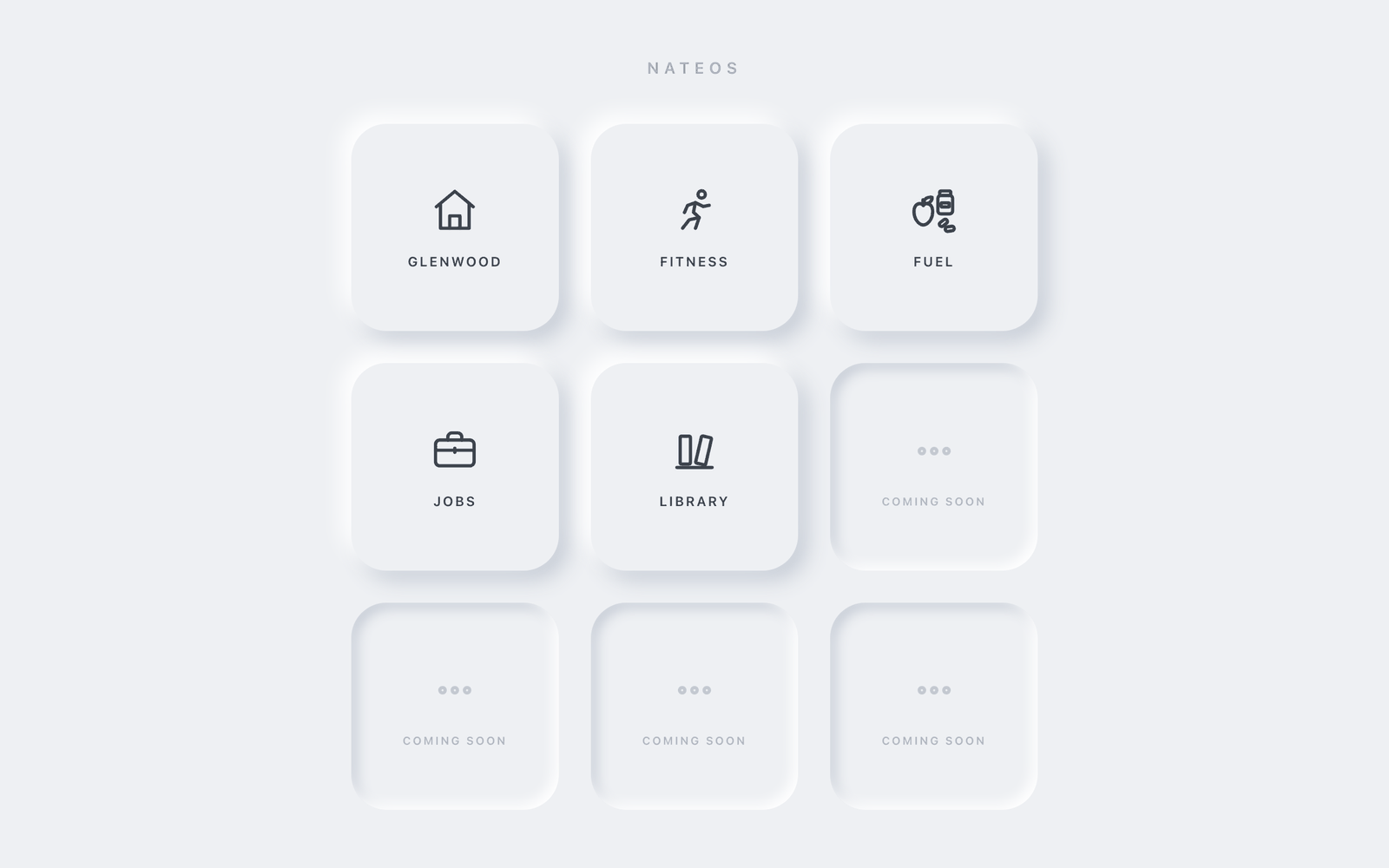 The NateOS launcher: five soft grey tiles labelled Glenwood, Fitness, Fuel, Jobs and Library, with four empty tiles pressed into the page beside them.