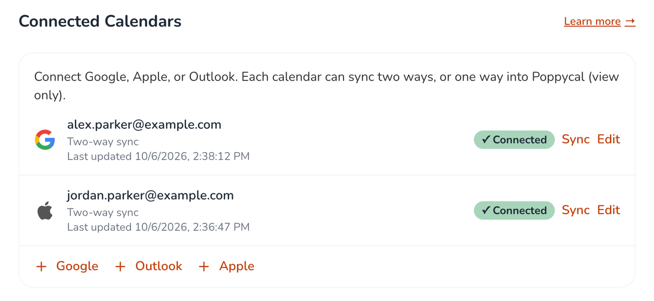 The Connected Calendars section of Poppycal's settings, listing a Google account and an Apple account, each set to two-way sync with a green Connected badge and Sync and Edit links. Below them are links to add Google, Outlook, or Apple.