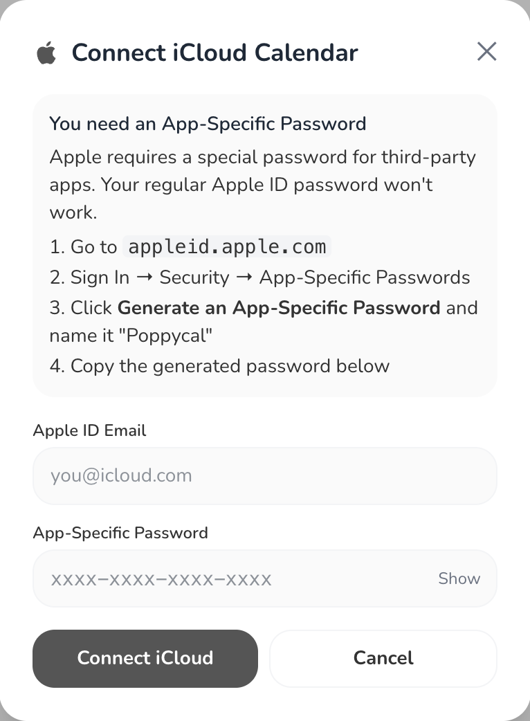 The Connect iCloud Calendar form. A help box explains that Apple requires an app-specific password, above two empty fields labelled Apple ID Email and App-Specific Password, and Connect iCloud and Cancel buttons.