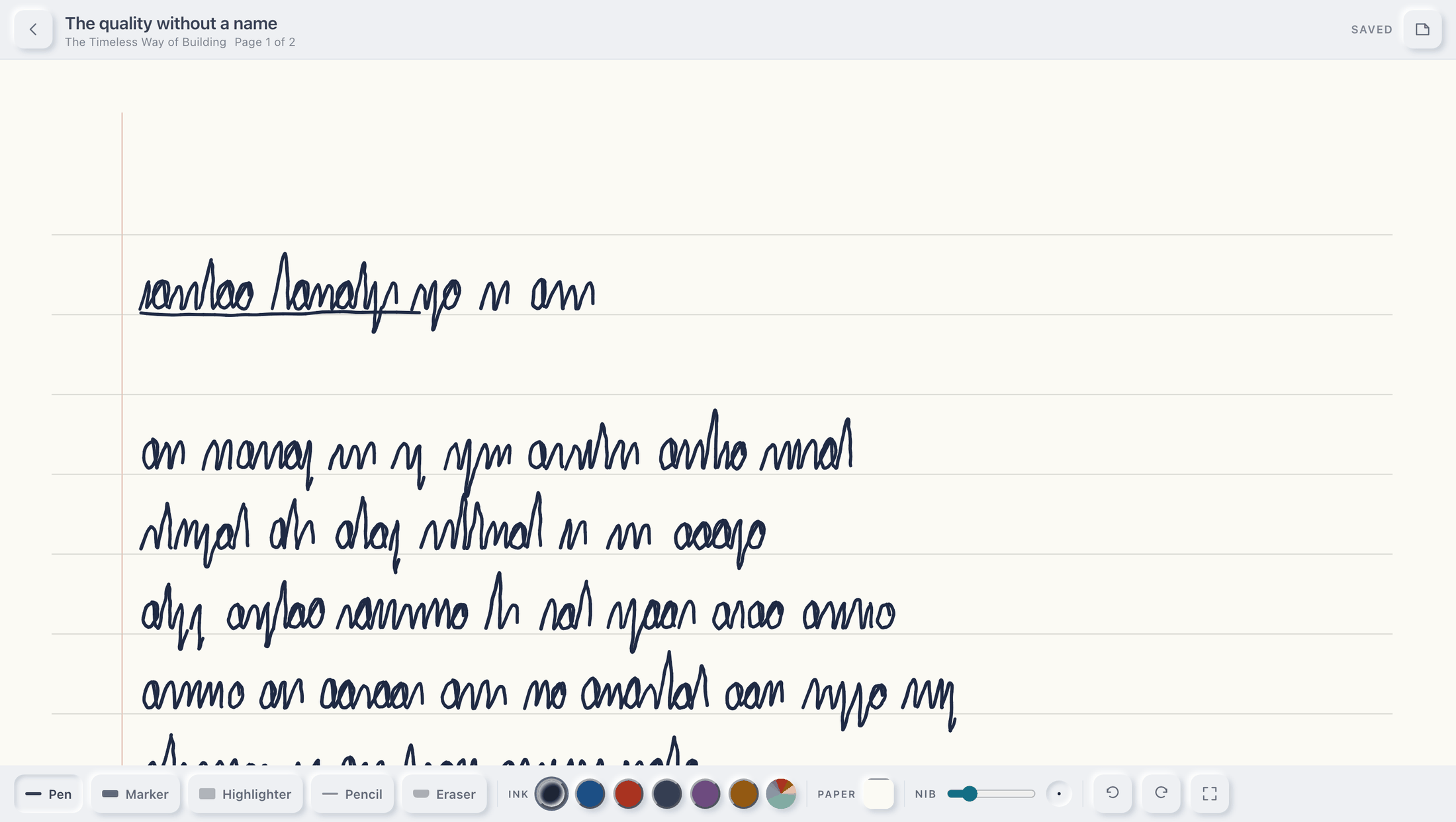 A ruled notepad filled with handwriting in dark blue ink, with a toolbar underneath offering pen, marker, highlighter, pencil and eraser, six ink colors, a paper color and a nib-width slider.