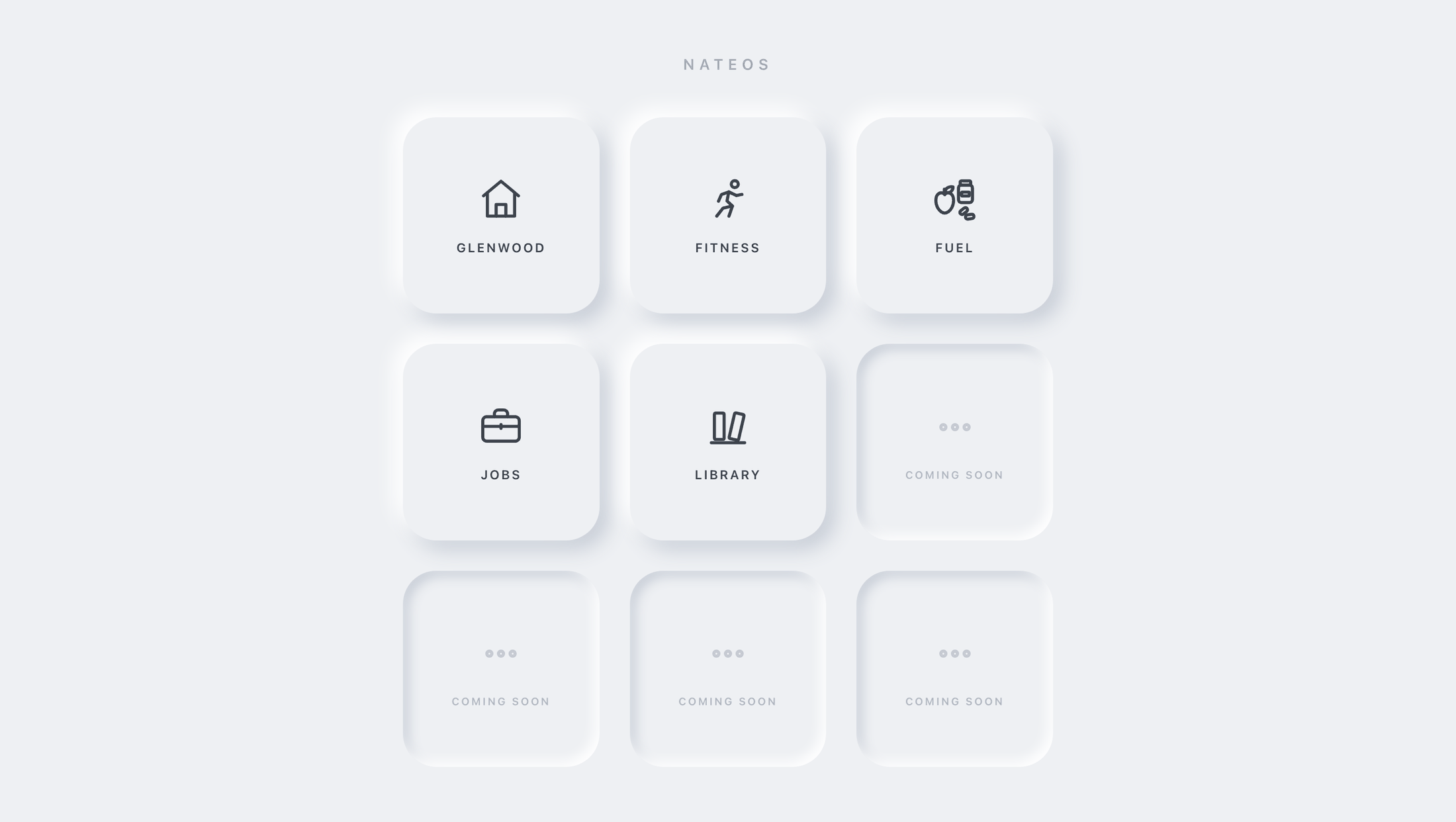 A nine tile launcher grid in soft grey. Five tiles carry line-art icons and labels: Glenwood, Fitness, Fuel, Jobs and Library. Four sit empty, pressed into the page instead of raised off it.