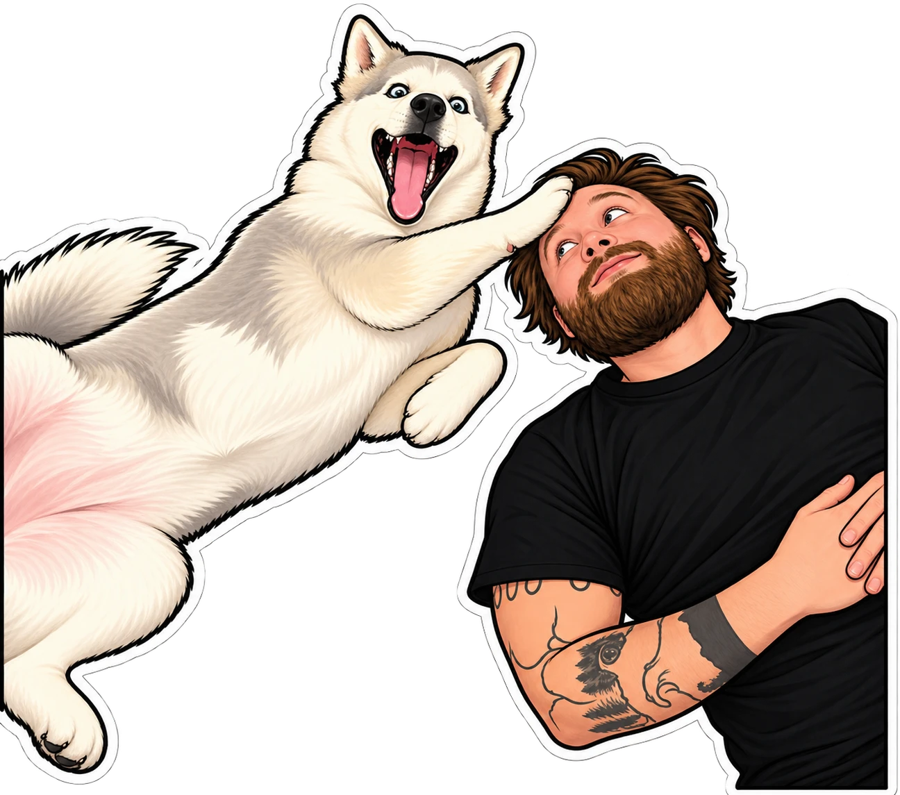 A sticker-style illustration of Nate Moss lying on the floor while a husky, mid-bark, plants a paw on his forehead.