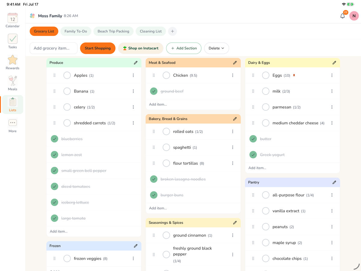 A grocery list sorted into aisles like produce, dairy and pantry, with bought items struck through, plus tabs for other lists and a button to send the whole thing to Instacart.