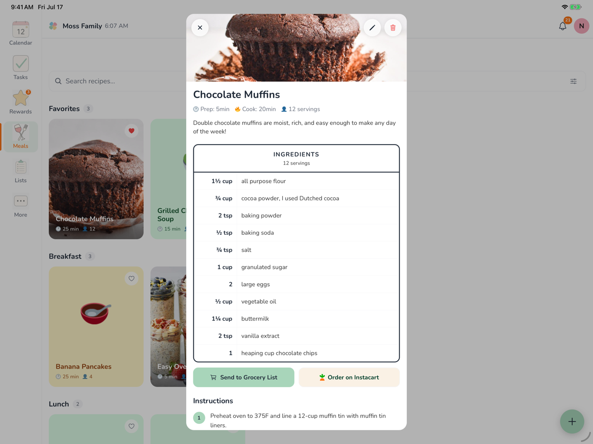 An imported recipe for chocolate muffins with a photo, prep and cook time, a full ingredient table, and buttons to send it to the grocery list or order it on Instacart.