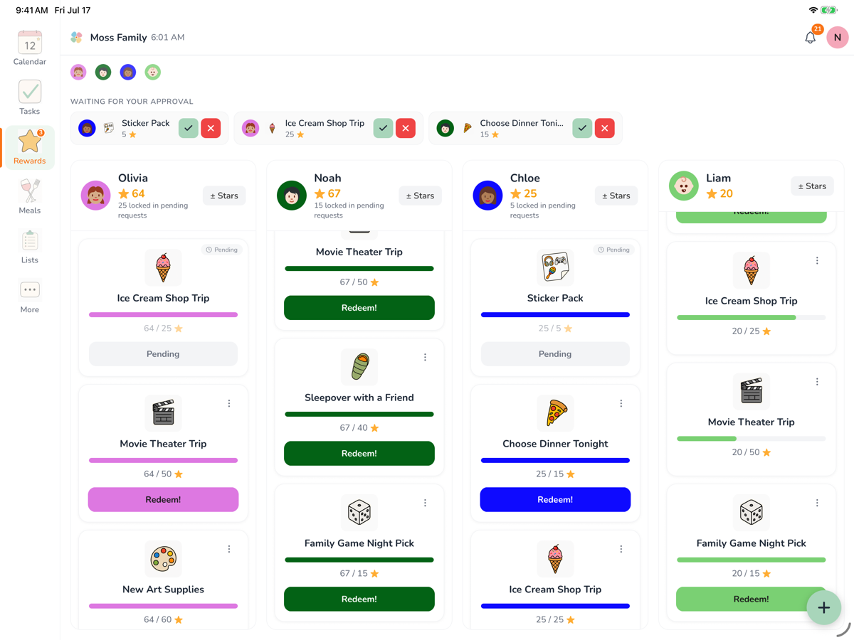 Star rewards for four children, each with a balance and progress bars toward things like a movie trip or a sleepover, plus a row of requests waiting for a parent to approve.