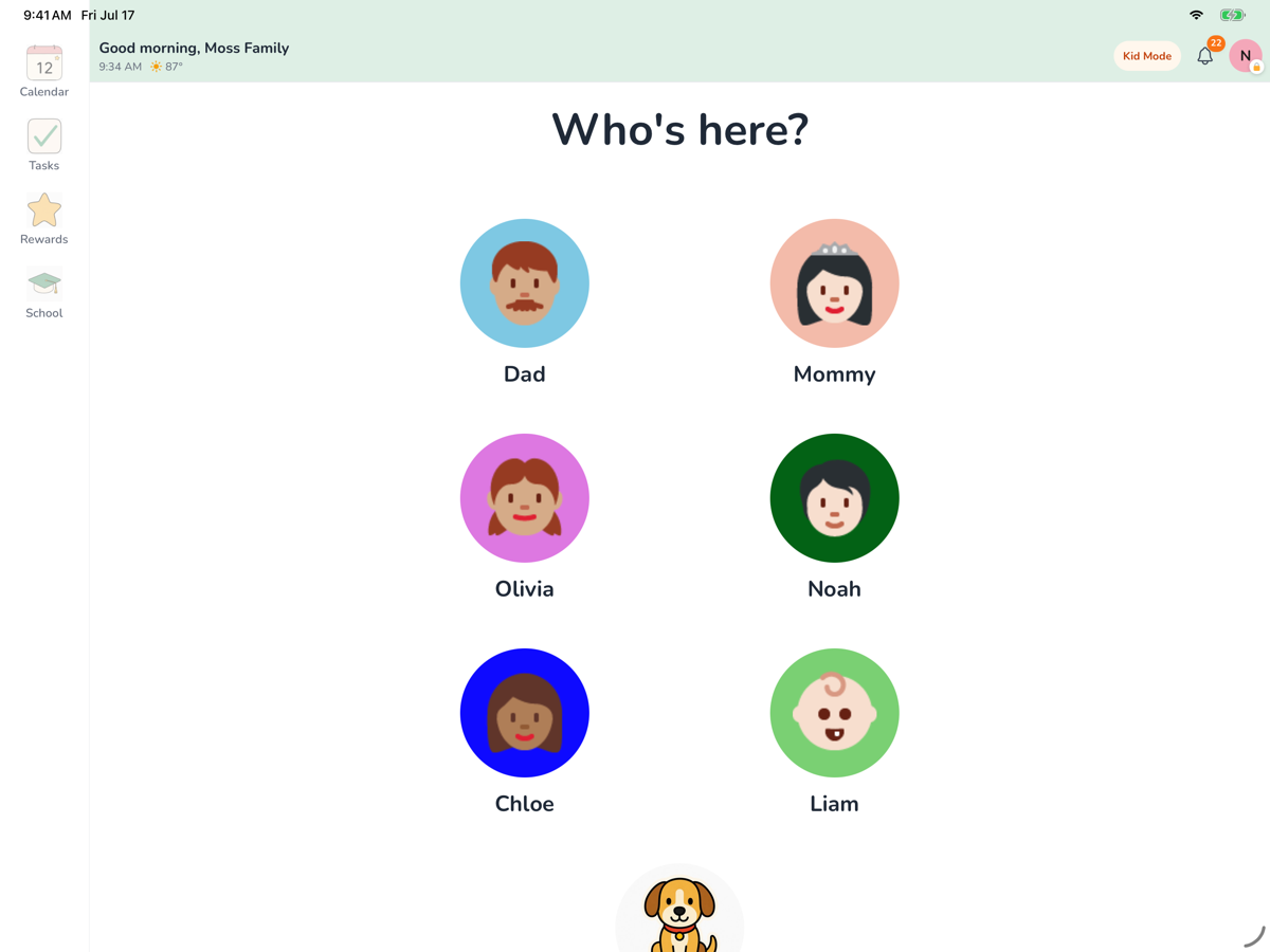 A Who's here screen with large picture avatars for Dad, Mommy, Olivia, Noah, Chloe, Liam and the dog. No text a child needs to read.